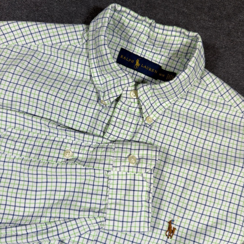 Ralph Lauren Oxford Button Down Shirt Mens Medium Flesh Pony Plaid Long Sleeve